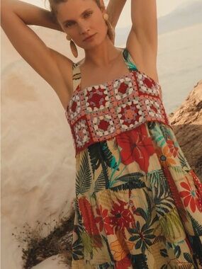 NWT FARM Rio for Anthropologie Tropical Floral Crochet Bodice Mini Dress Small